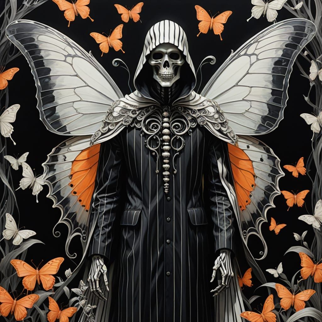 Grim Reaper in Dreamlike Landscape with Striped Butterfly