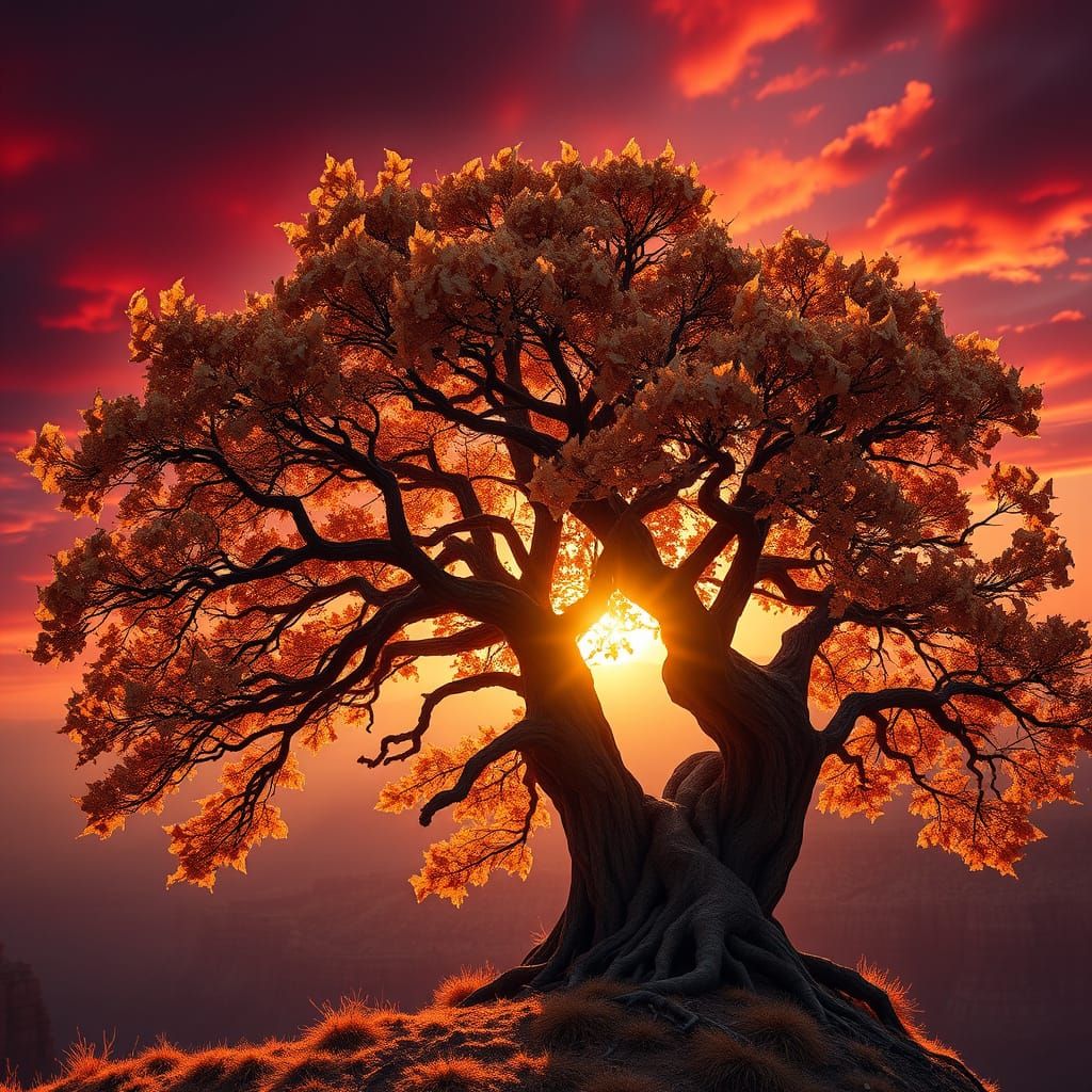 Majestic Ancient Tree Illuminated at Sunset Canyon