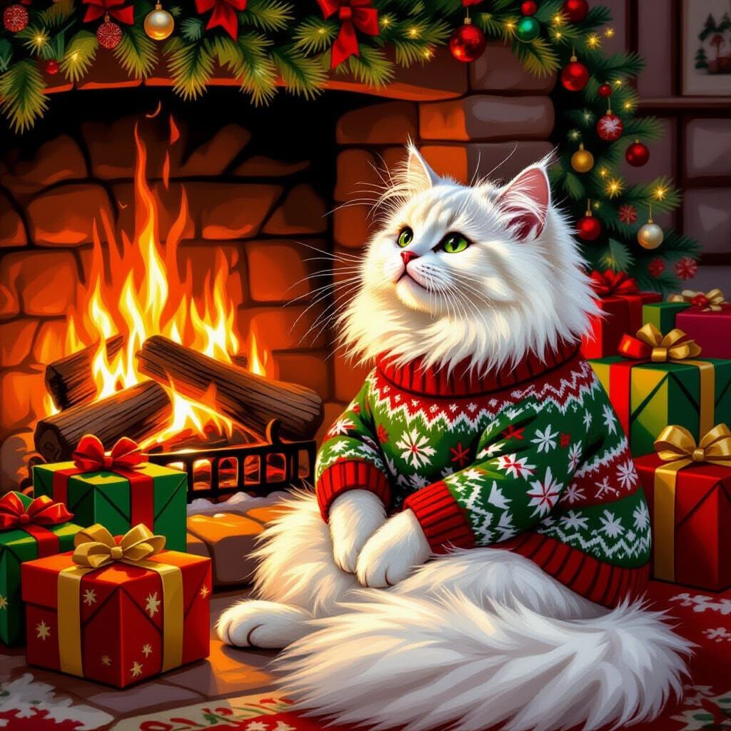 Festive Cat in Christmas Sweater by Fireplace