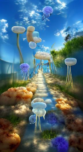 Fantasy Pathway Through Jellyfish and Mushroom Landscape