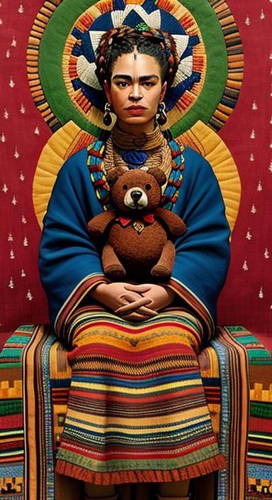 Earthenware Frida Kahlo with Quilted Aztec Bear