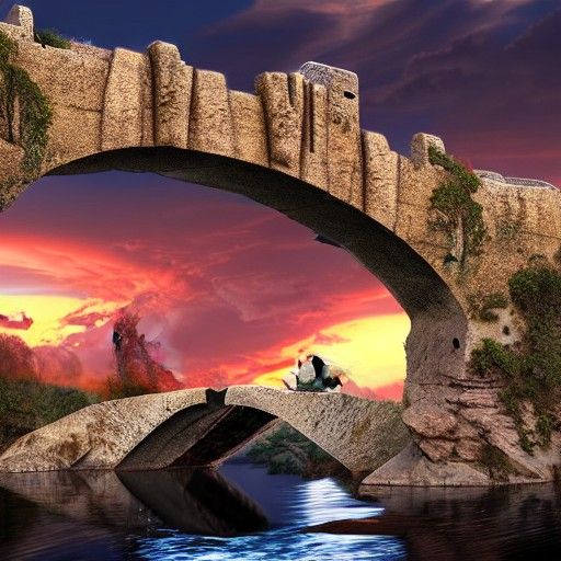 Knights Duel on Broken Bridge at Sunset
