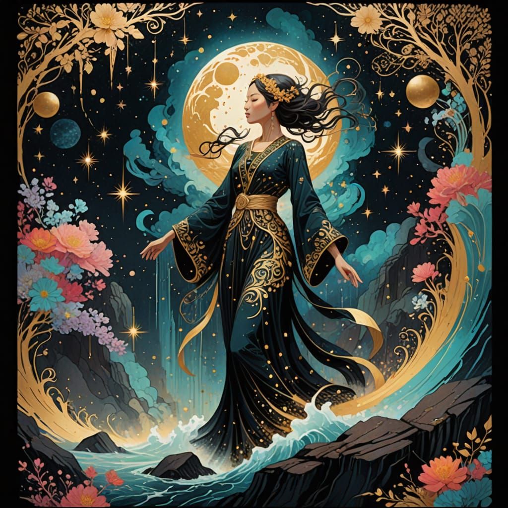 Celestial Waterfall of Stars in Maximalist Style