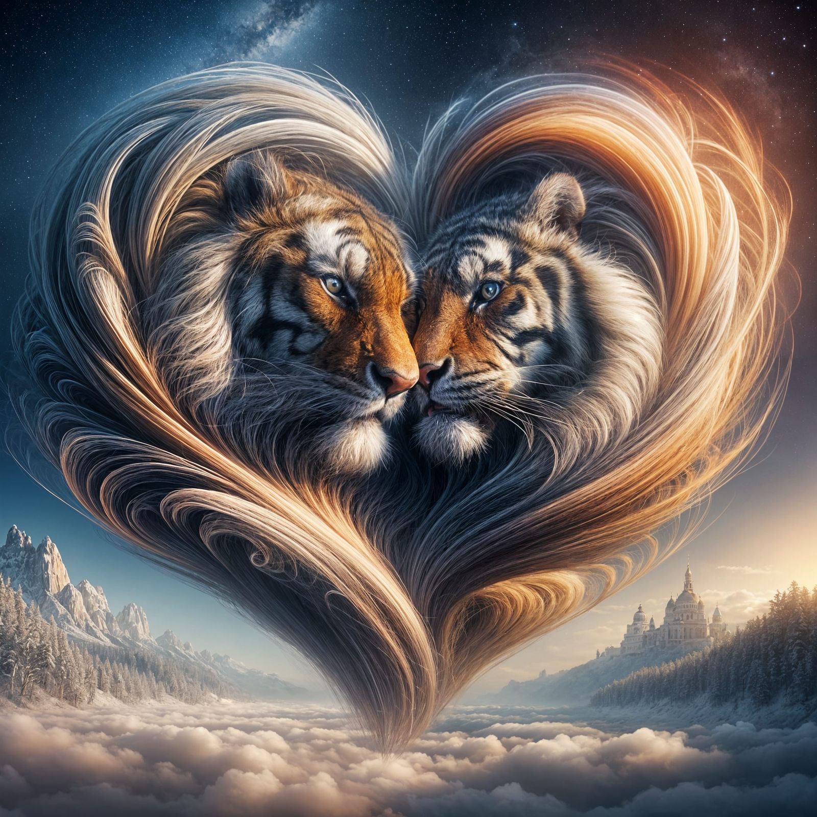 Radiant Tigers Form a Spiraling Heart