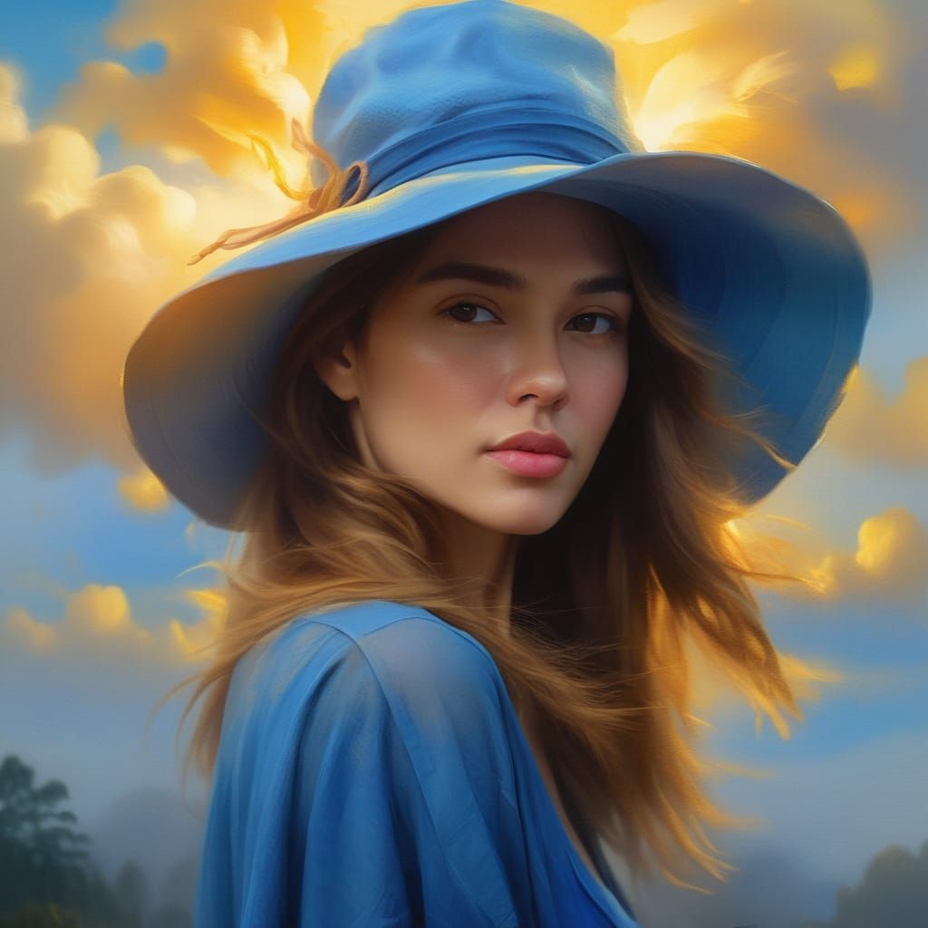 Woman in Blue Hat: Vibrant Oil Painting