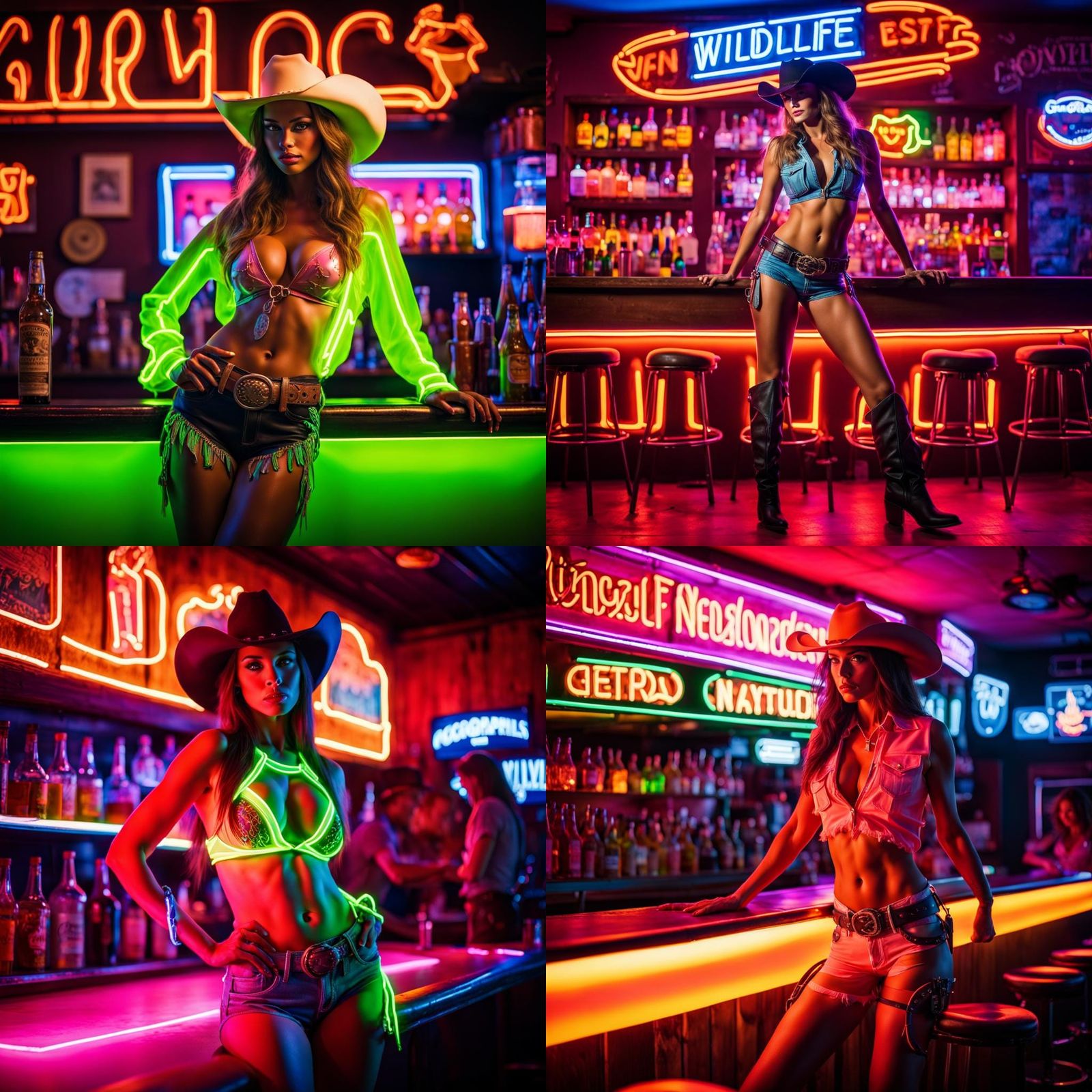 beautiful gorgeous neon cowgirl wearing skimpy naughty revealing cowgirl outfit standing in a neon bar , wildlife photog...