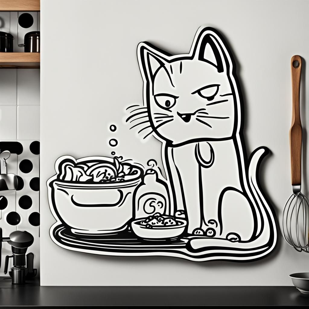 Cartoon Cat Kitchen Sign in Black and White