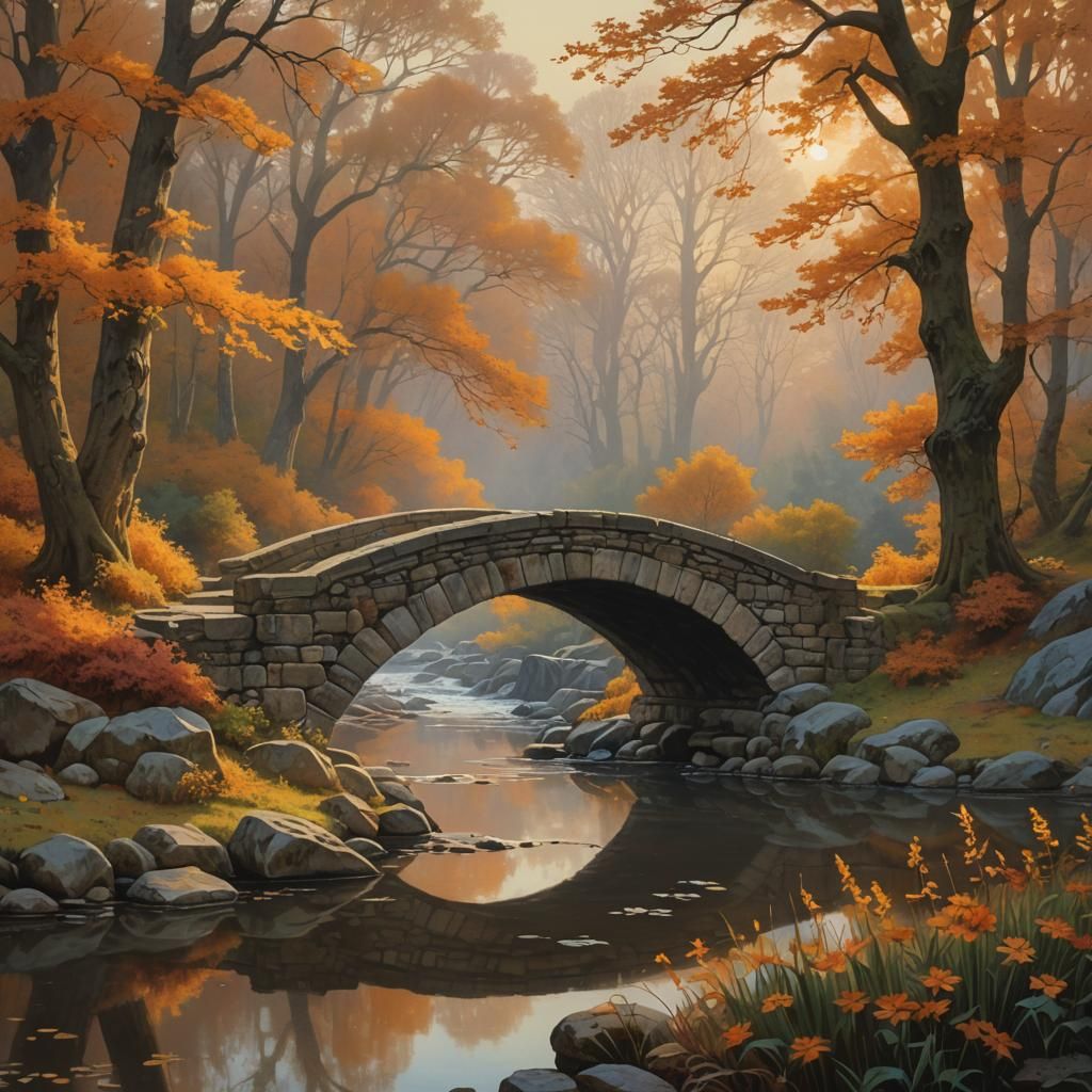 Autumn Fantasy: Stone Bridge in Watercolour Style