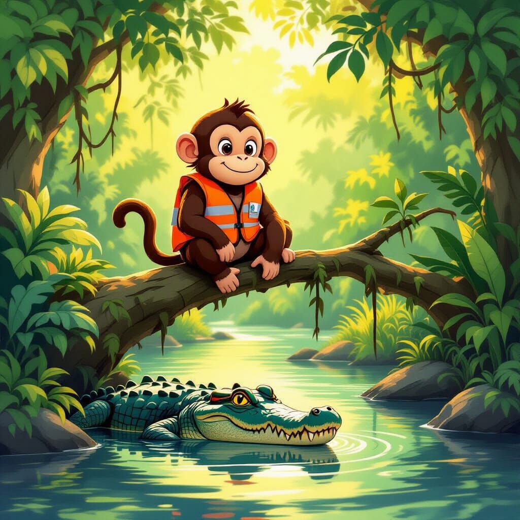 Friendly Monkey and Crocodile in Vibrant Jungle