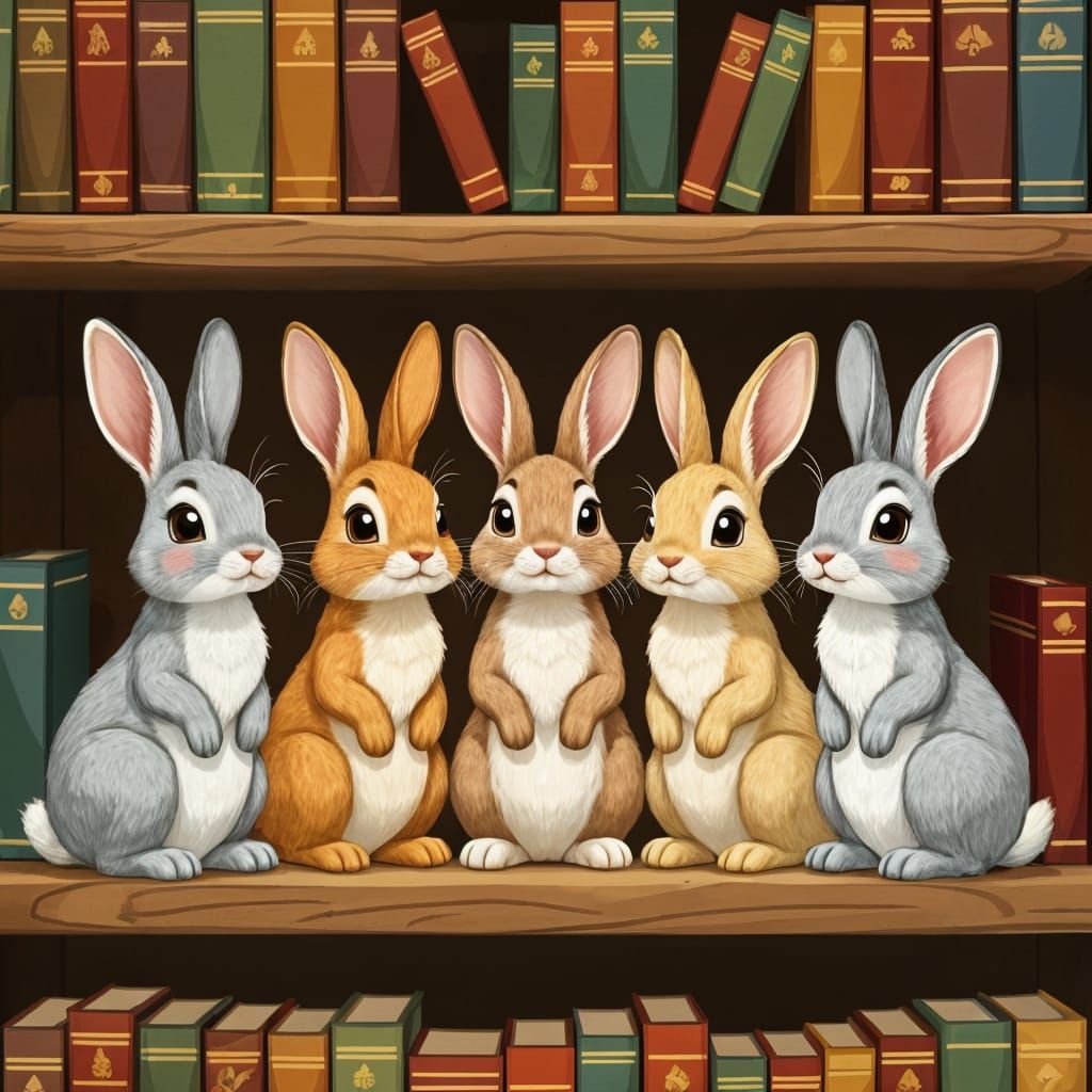 Detailed Cartoon Rabbits on a Bookshelf