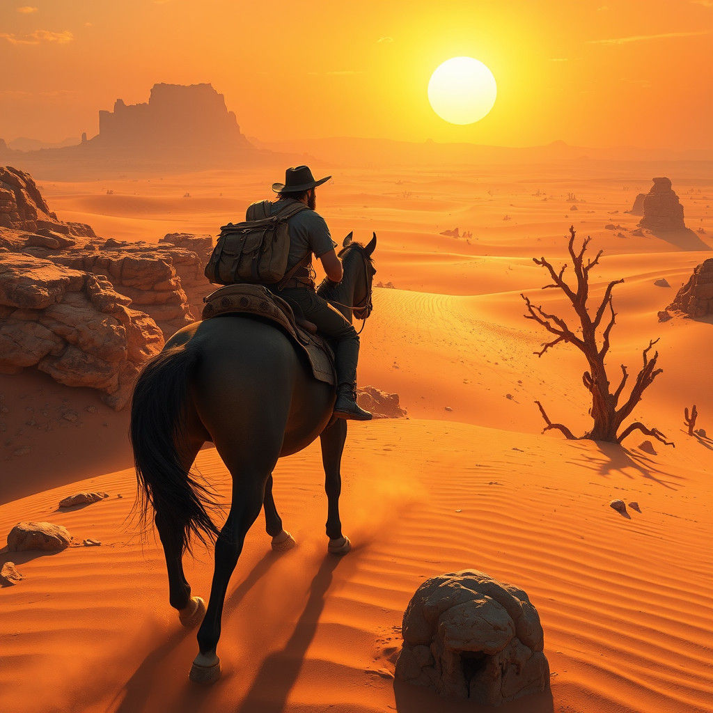 Desert Rider on Majestic Horse, Cinematic Landscape