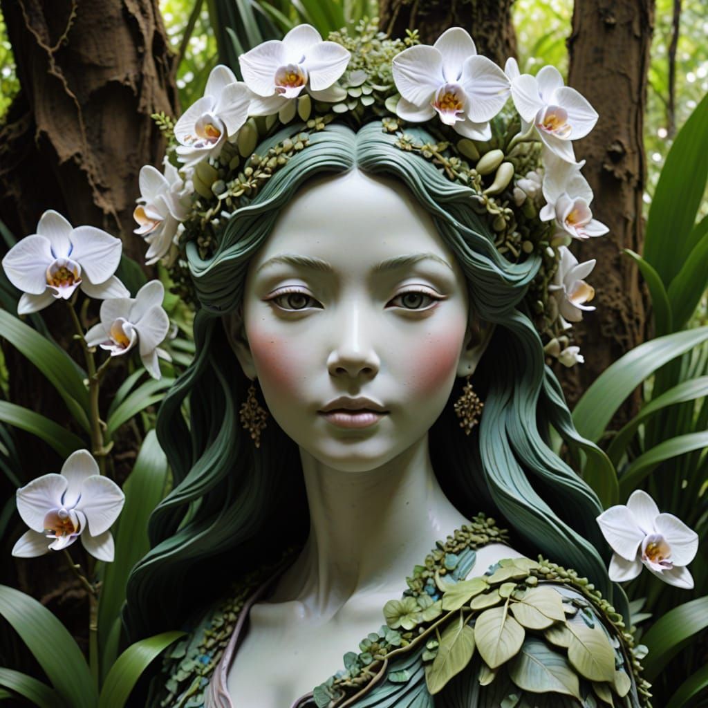 Ethereal Goddess Clay Sculpture in Orchid Forest