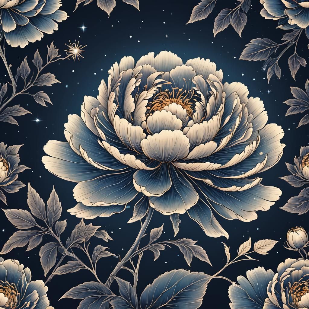 One Line Art Peony with Magic Spell