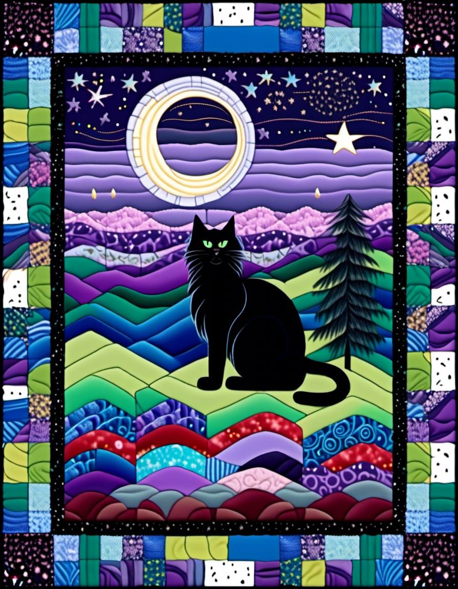Whimsical Quilted Landscape with Curious Cat
