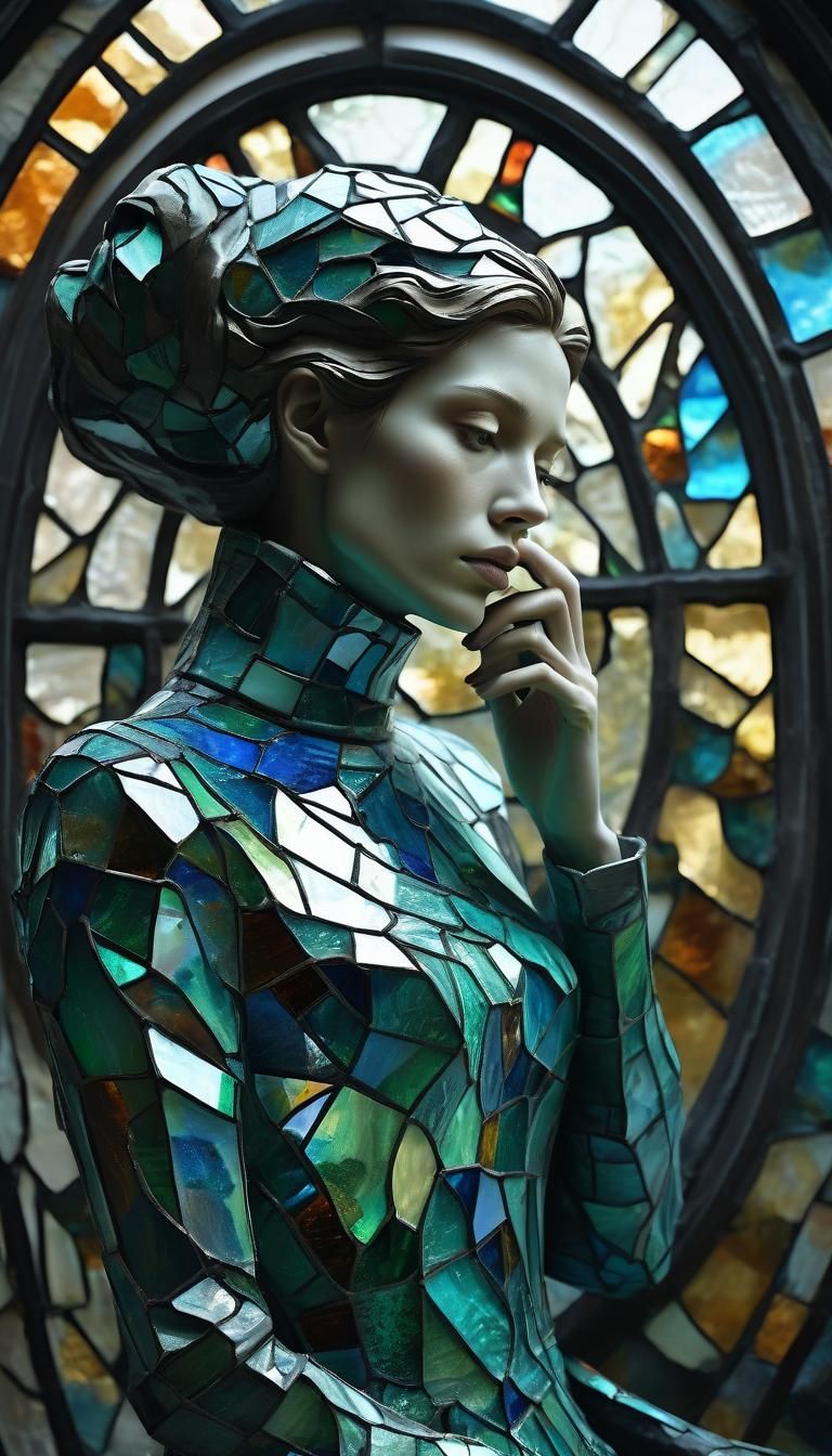 Cracked Woman Sculpture with Stained Glass Detail
