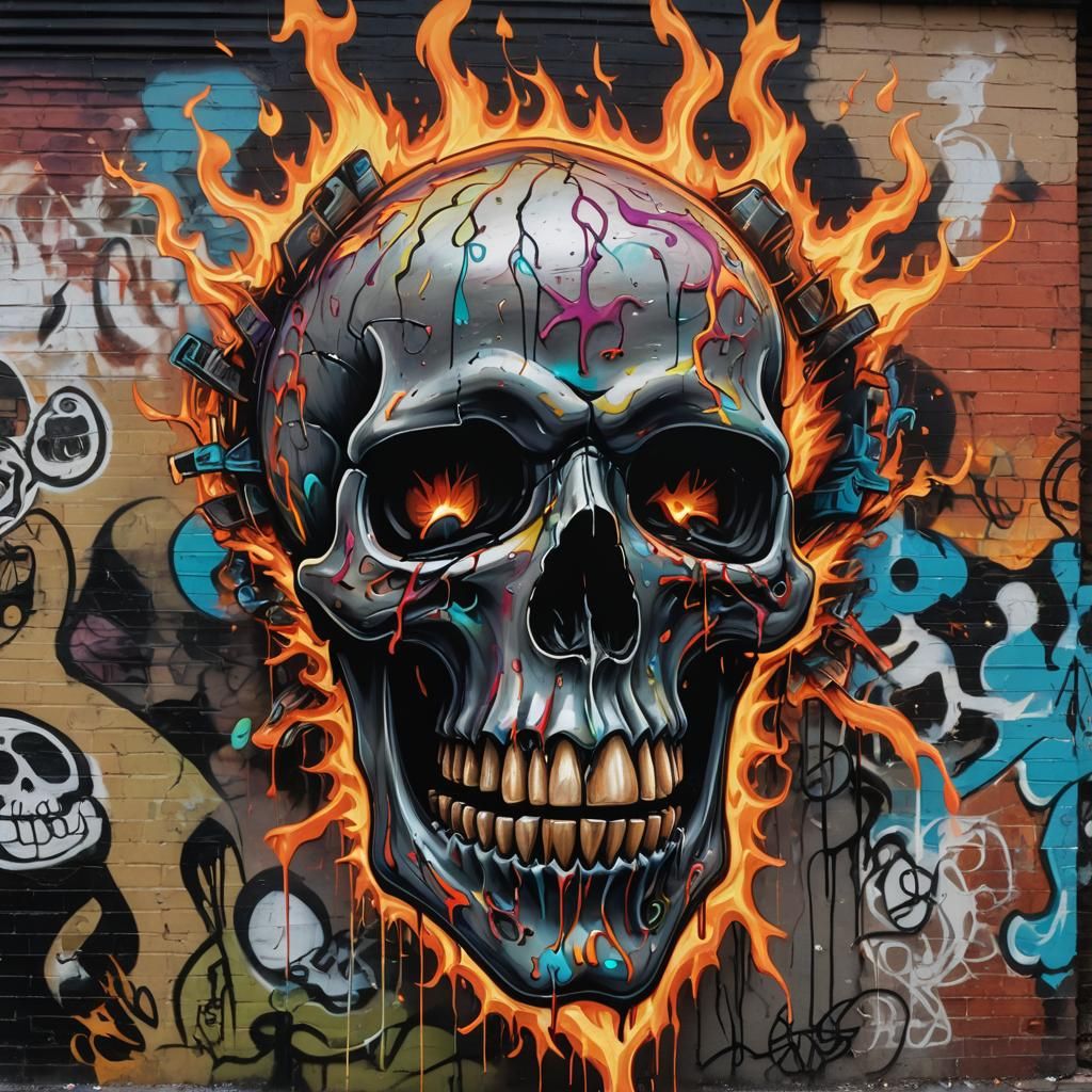 Cursed Skull Graffiti Art in Urban Decay Style