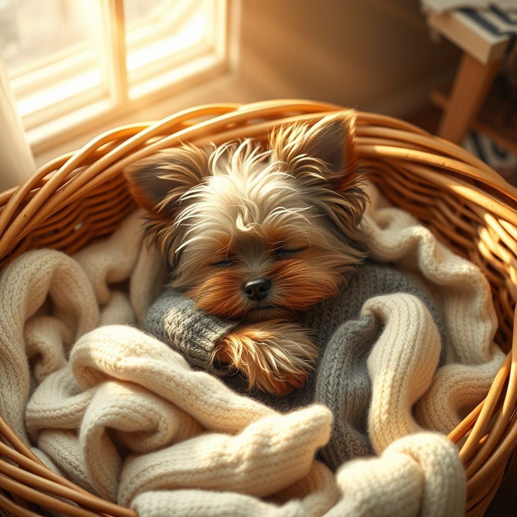 Cozy Yorkshire Terrier Sleeping in Laundry Basket