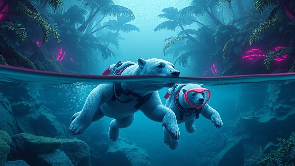 Polar Bears Dive Amazon: Bioluminescent Stained Glass Art