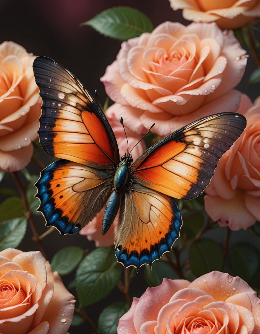 Butterfly on a Peach Rose: Photorealistic Close-Up