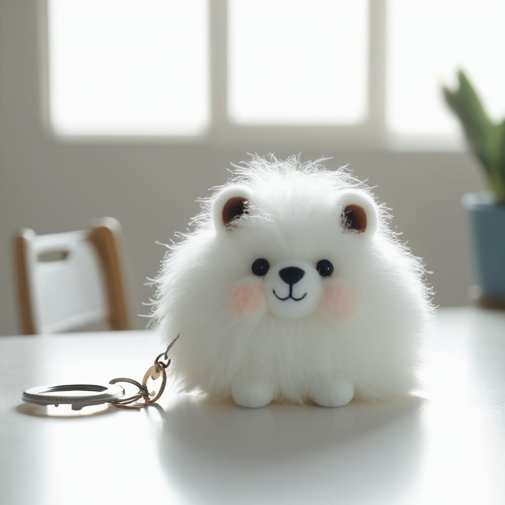 Cinematic Study of a Fluffy Keychain on a White Table