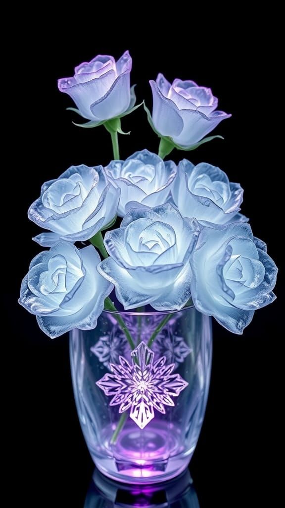 Roses, made from sparkling snow crystals, in a vase carved f...