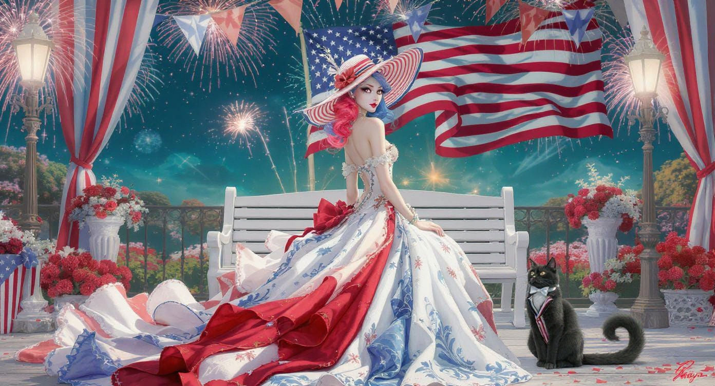 Patriotic Woman and Cat with Fireworks