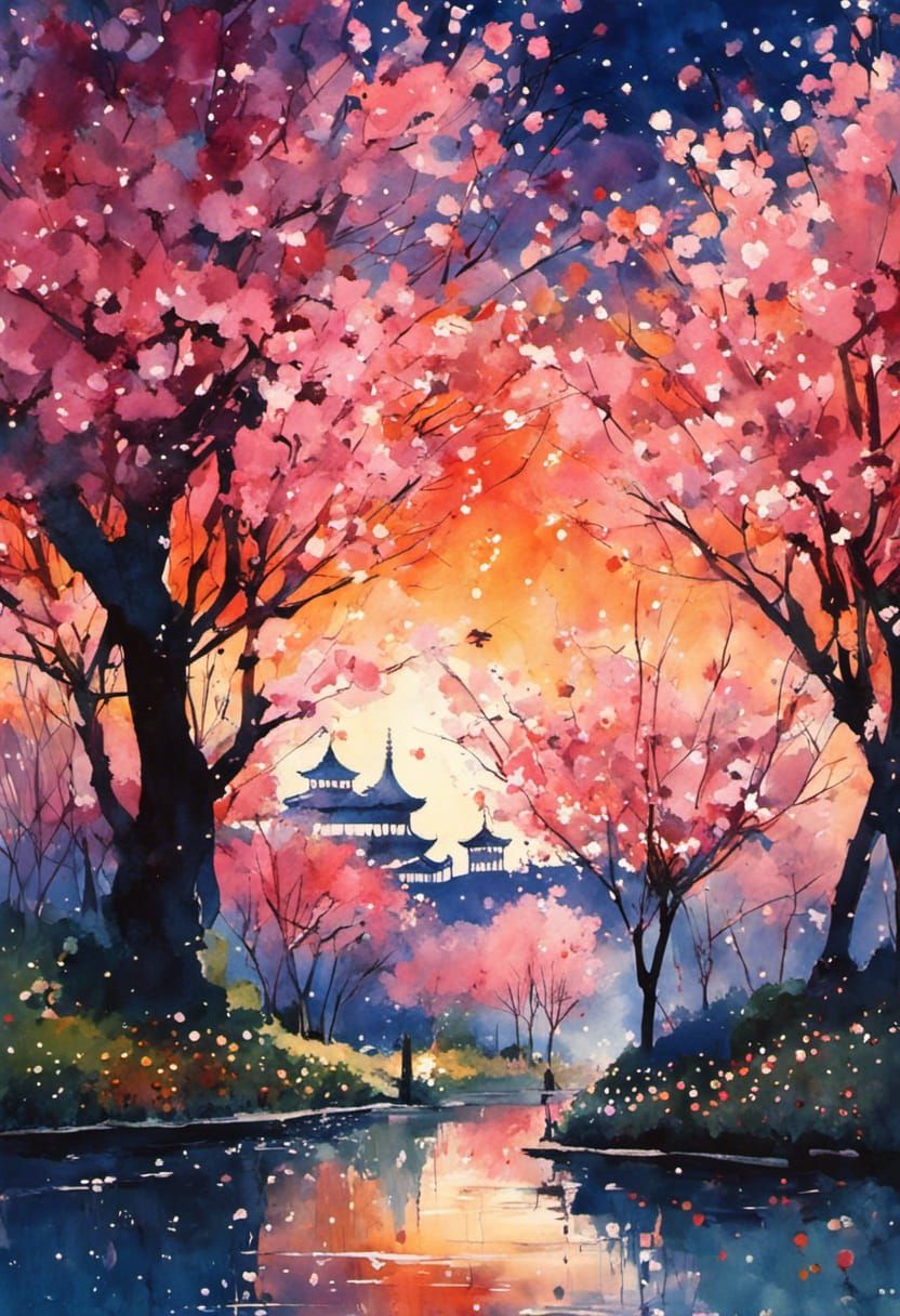 Cherry Blossom Garden at Sunset in Gouache Style