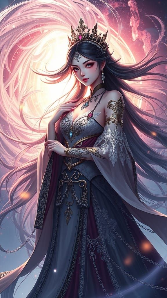 Queen with Dark Hair and Magic, Anime Style