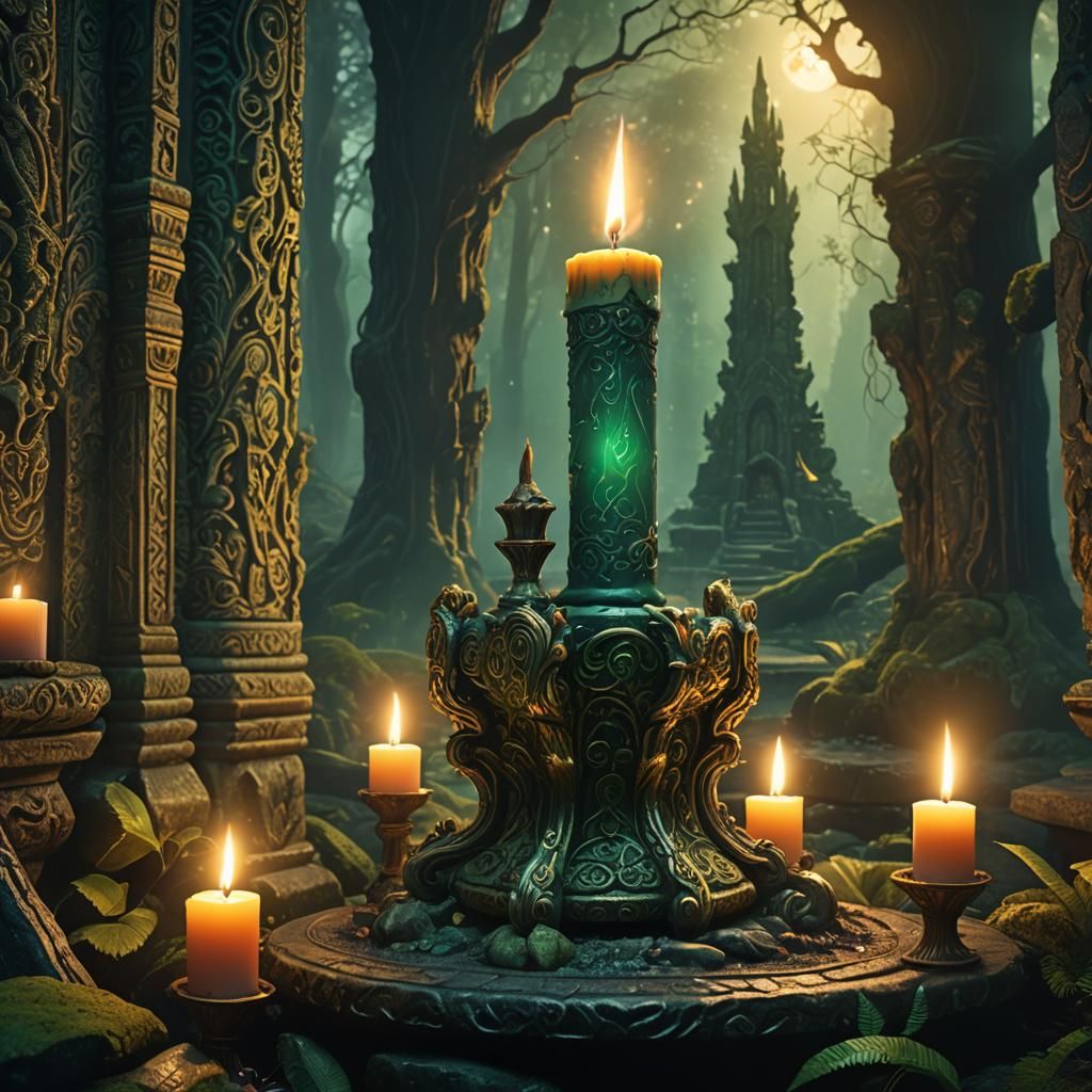 Mystical Forest Altar with Burning Candle