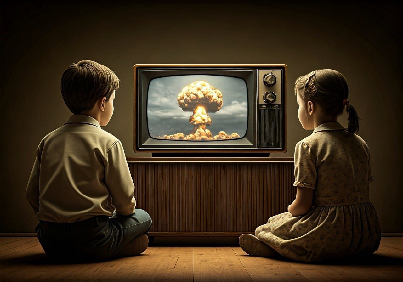 Retro-Futuristic Kids Watch Nuclear Explosion on Old TV