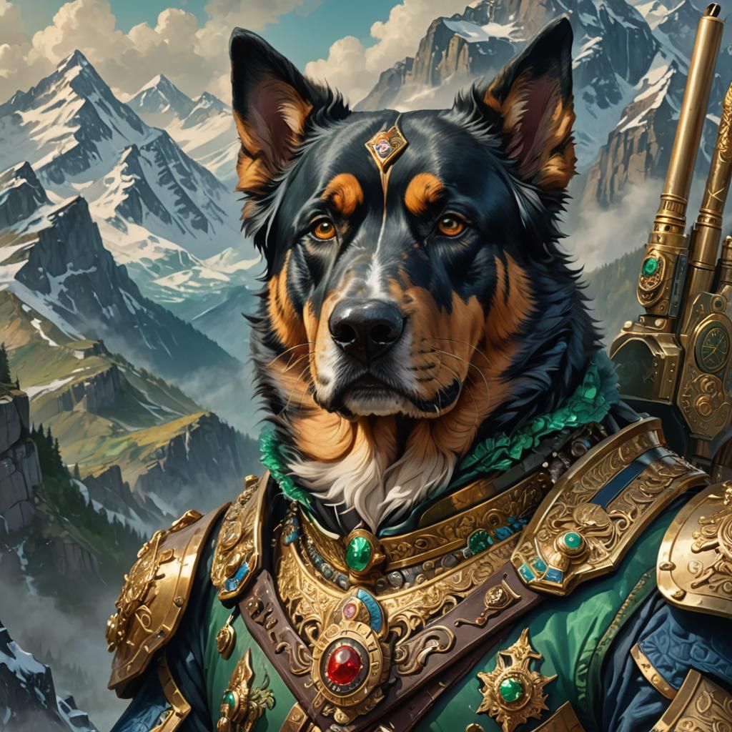 Fantasy Mountain Dog Portrait with Guns and Armor