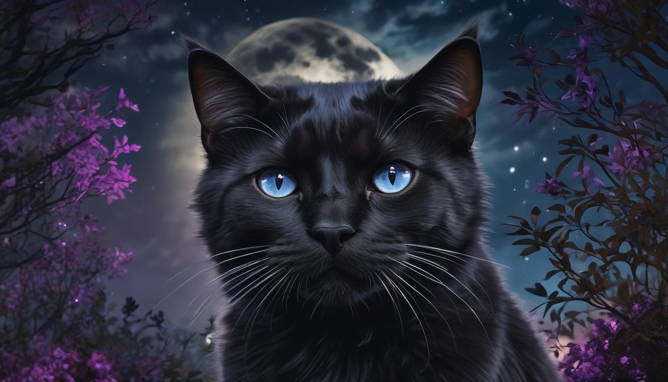 Hyperrealistic Black Cat in Front of Full Moon