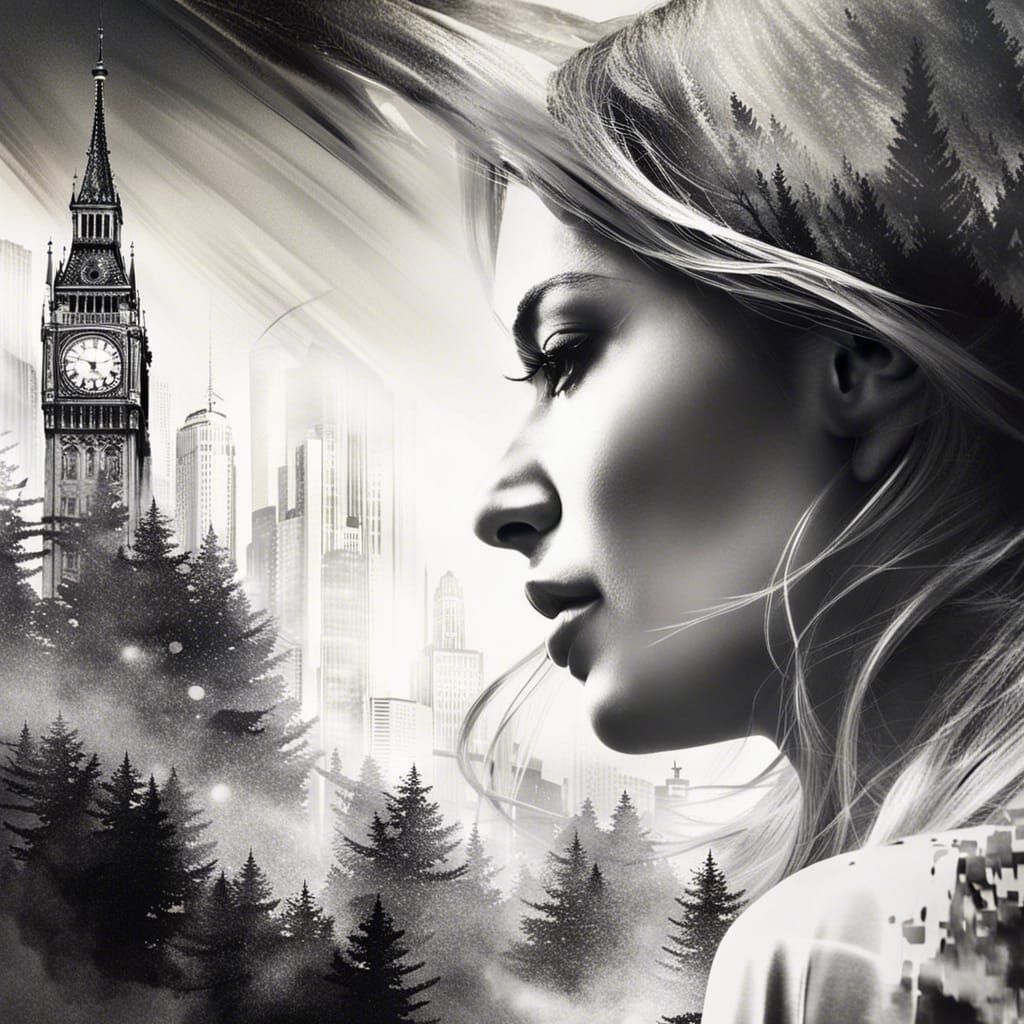 woman forest clocktower and cityscape