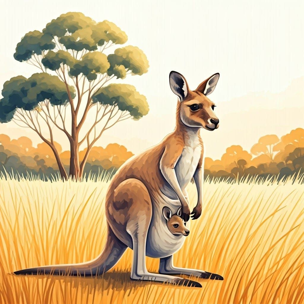 Whimsical Kangaroo with Joey in Golden Grassland, Eucalyptus...