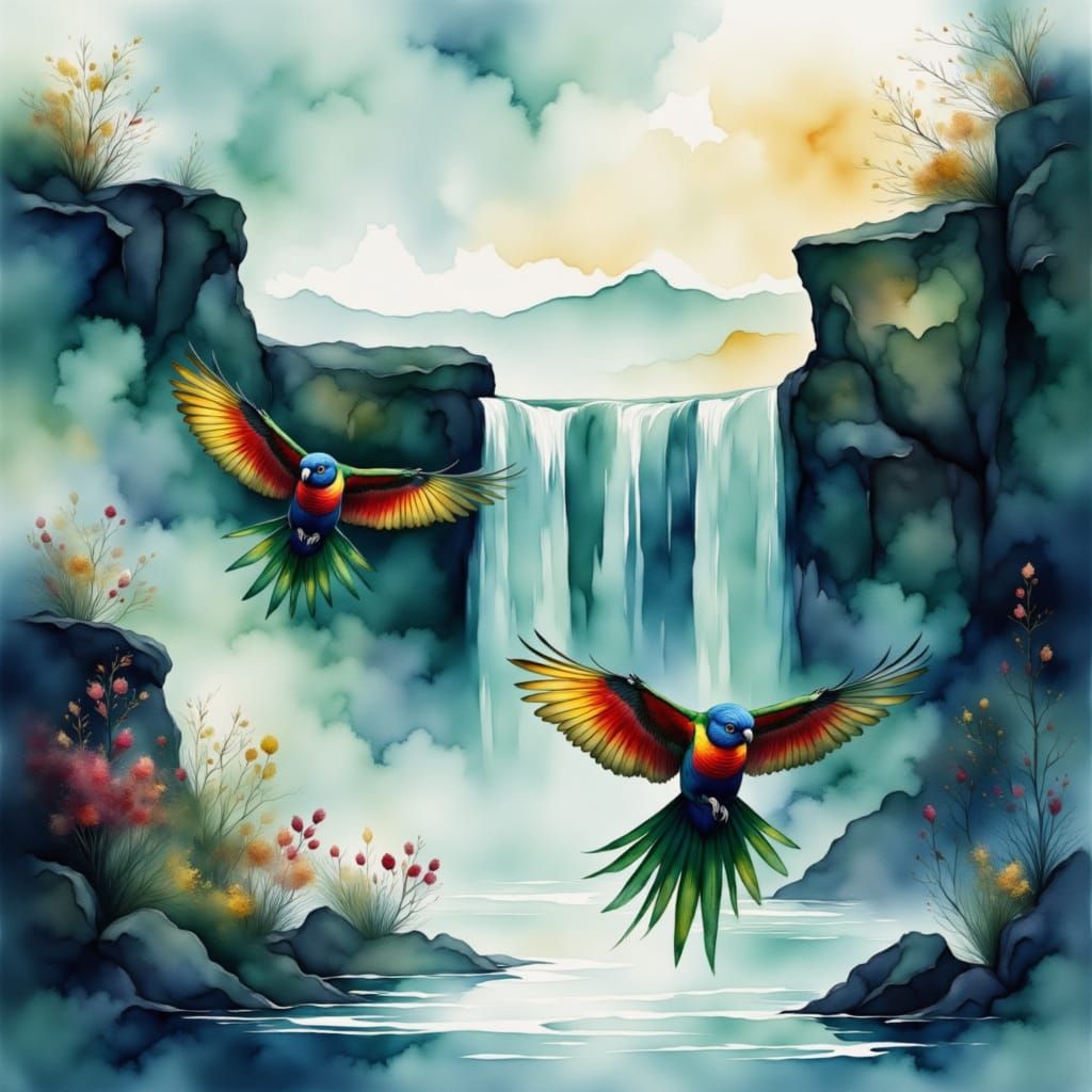 Rainbow Lorikeets Soaring Near Waterfall in Watercolor Style
