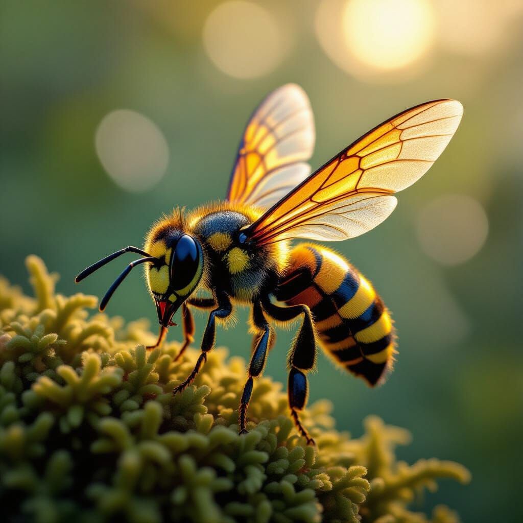 Hyperrealistic Wasp with Iridescent Wings