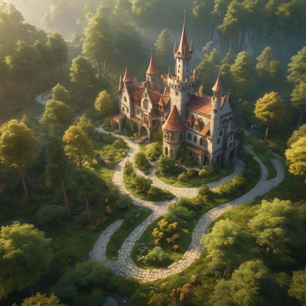 Elven Inn at Forest Crossroads in Golden Light