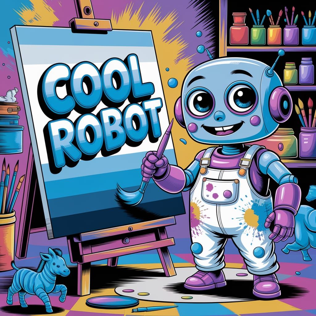 A whimsical 1950s-style robot with oversized, expressive eyes and a cheerful demeanor, clad in vibrant splatter-painted ...