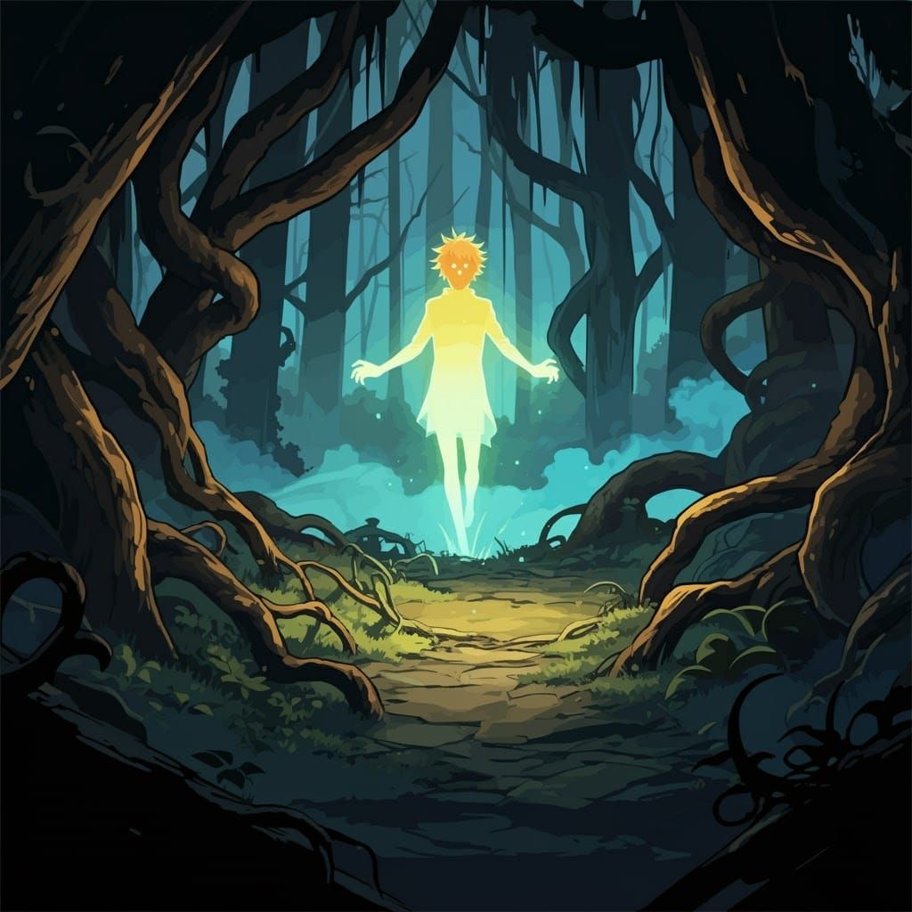 Ethereal Specter Emerges from Dark Forest in Manga Style