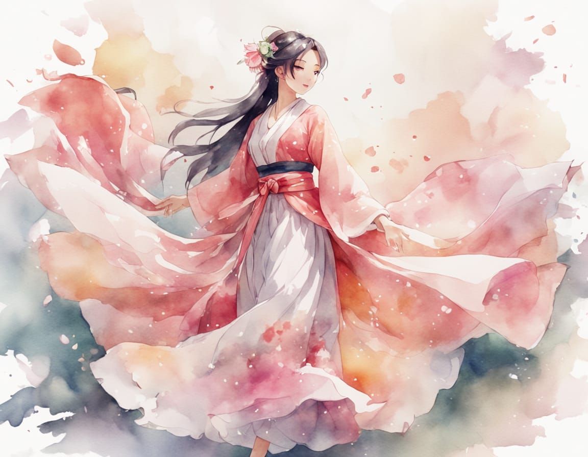 Ethereal Anime Lady in Whimsical Watercolor Garments