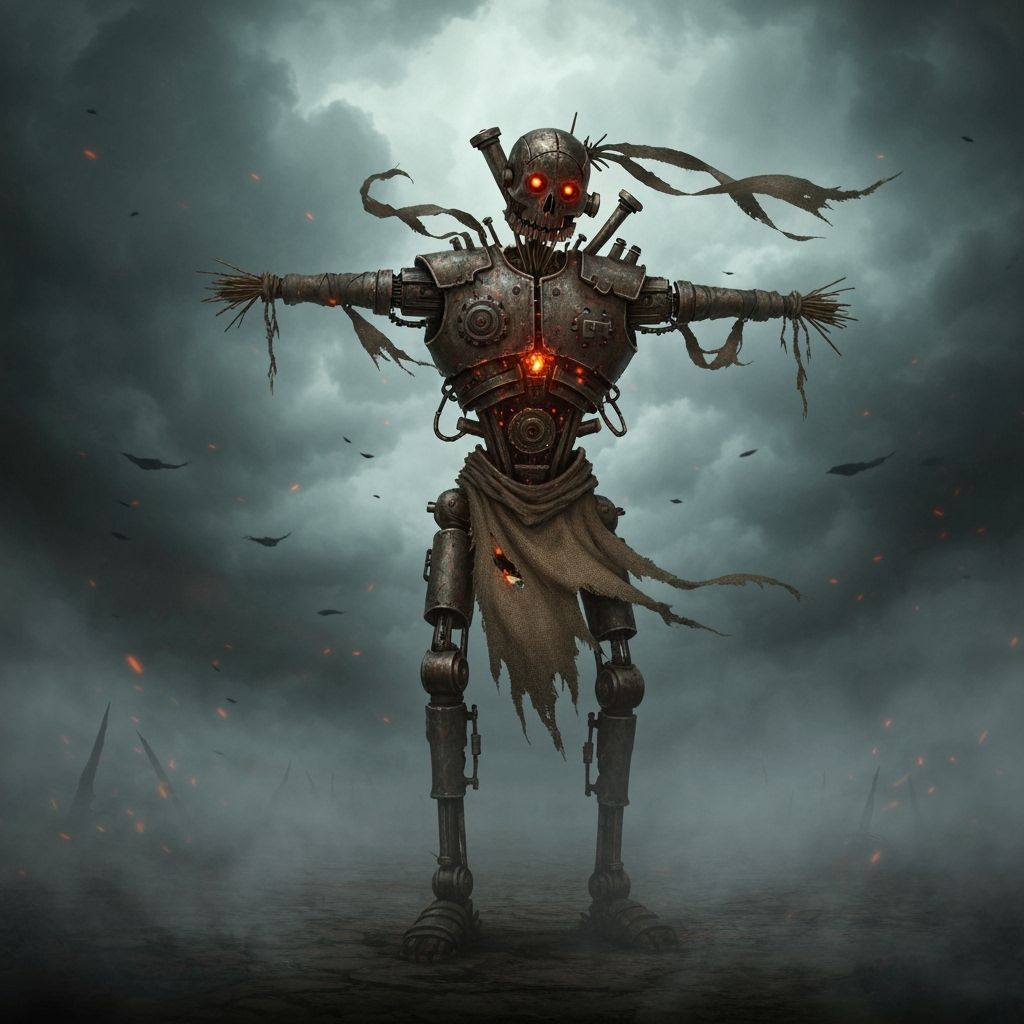 Steampunk Automaton Scarecrow on Desolate Battlefield