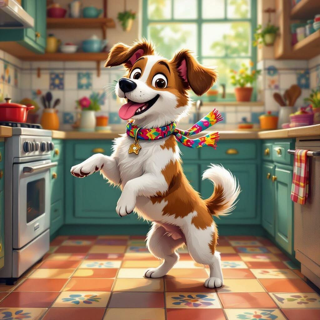 Dancing Dog in Kitchen, Whimsical Illustration