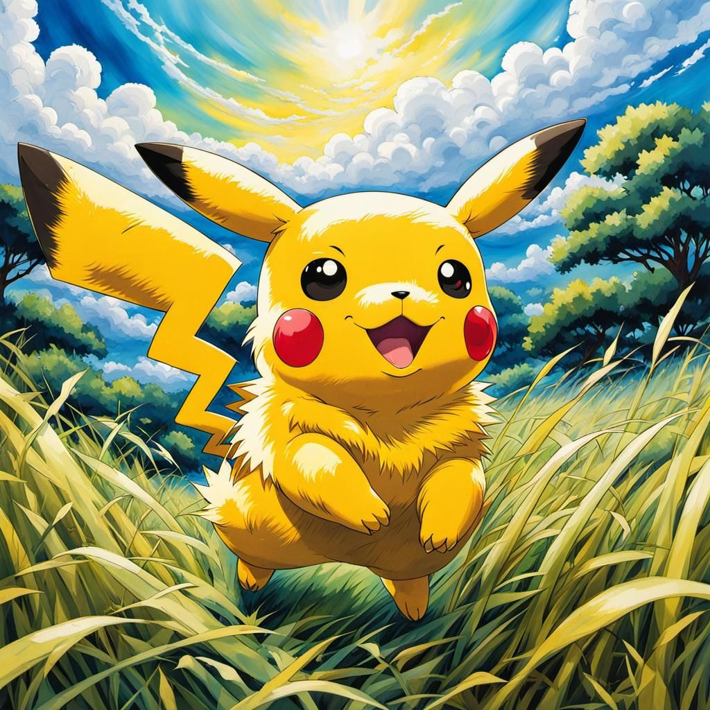Smiling Pikachu Runs Through Grassy Field