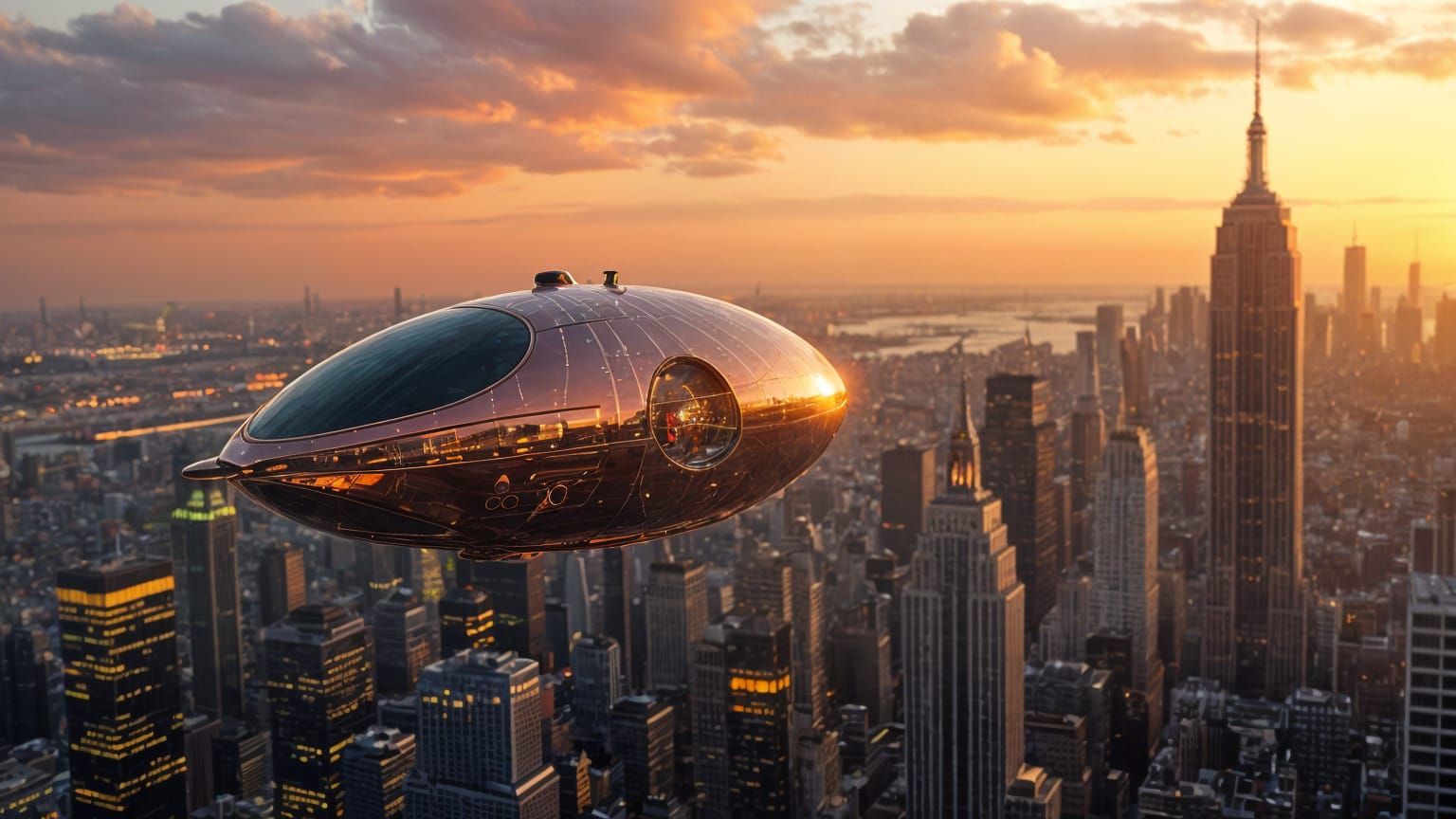Futuristic Copper Fly Cabin Over New York City