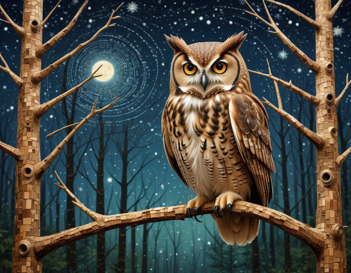 Owls Flight Under Starry Night in Primitivism Style