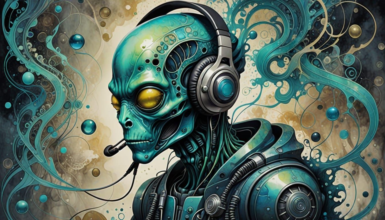Alien with Headphones: Surreal Alcohol-Ink Painting
