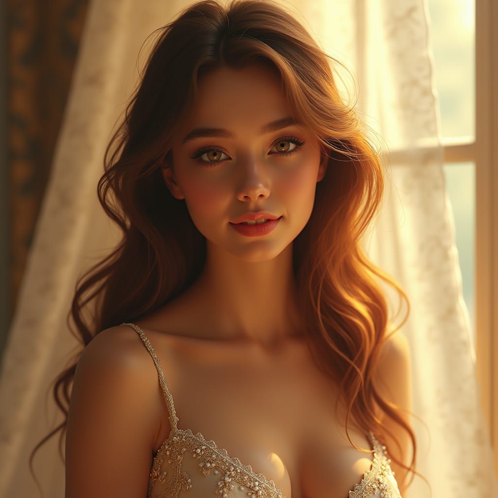 Ethereal Portrait of Woman in Lace Gown