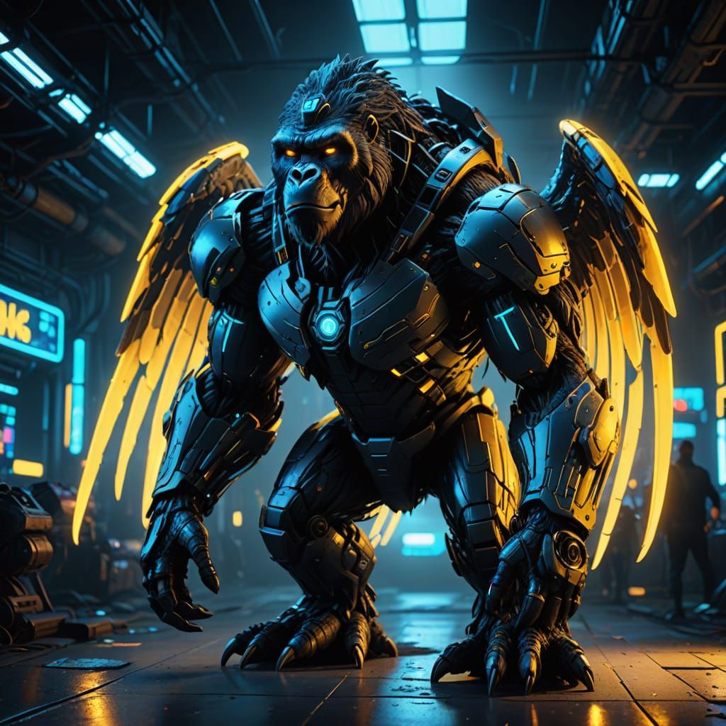 Cyberpunk Gorilla Hybrid with Eagle Wings and Panther Paws