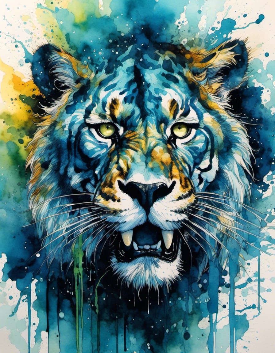 Neon-Eyed Sabertooth Tiger in Hyperreal Watercolor