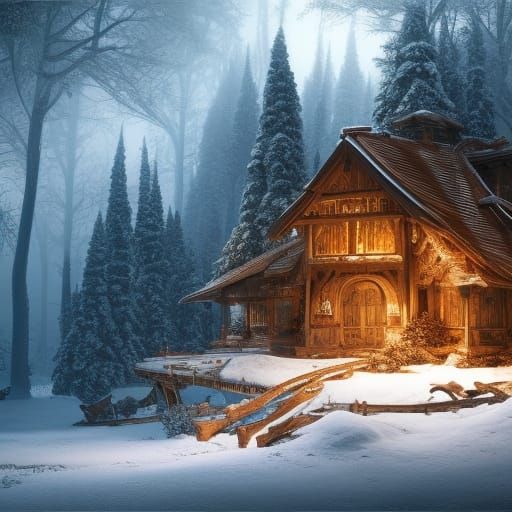 Snow Treehouse Under Aurora, Hyperrealistic Botanical Art